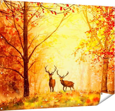 Gards Tuinposter Getekende Herten in het Bos - Herfst - 150x120 cm - Tuindoek - Tuindecoratie - Wanddecoratie buiten - Tuinschilderij