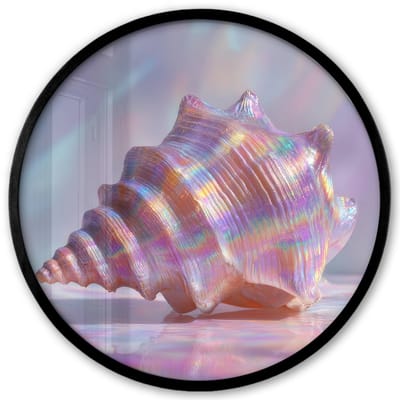 Poster in lijst Rond - Fotolijst 40x40 cm - Posters - Schelp - Glanzend - Regenboogtinten - Ronde posterlijst zwart - Decoratie - Wanddecoratie woonkamer - Muurdecoratie slaapkamer