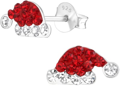 Joy|S - Zilveren kerstmuts oorbellen - 10 x 5 mm - rood wit kristal - kerst oorknoppen - kinderoorbellen