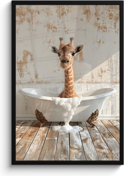 Poster in lijst - Fotolijst 60x90 cm - Posters - Giraf - Badkuip - Vintage - Dieren - Posterlijst zwart - Wanddecoratie badkamer - Muurdecoratie WC - Decoratieve accessoires - Toilet muur decoratie