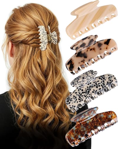 4 Stuks - Antislip Haarklips Acetaat met Franse Bloemenprint en Panterprint - Haaraccessoires Dames voor Dik en Dun Haar - 8cm