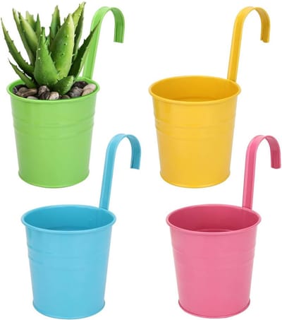 Metalen Hangende Bloempotten met Afwateringsgat - voor Tuin, Balkon, Terras, Woondecoratie - 4 Stuks
