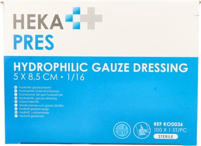 HEKA Pres gaaskompres - 100 steriele gaasjes - 1/16 - 5x9 cm.