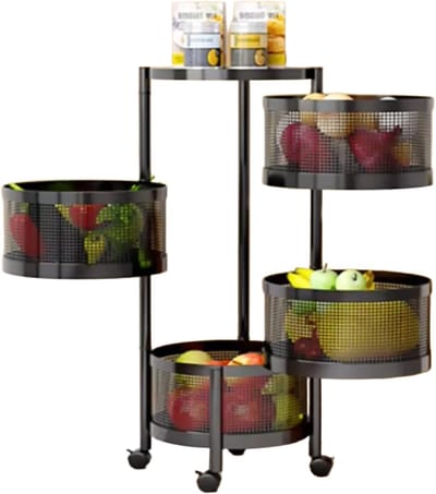 Roterend Opbergrek 4-Laags - Zwart - Keuken Organizer met Verwijderbare Manden - Fruit & Groente Opslag