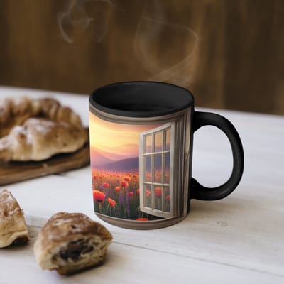 Magische Mok - Foto op Warmte Mokken - Koffiemok - Doorkijk - Klaprozen - Bloemen - Rood - Open raam - Magic Mok - Beker - 350 ML - Theemok