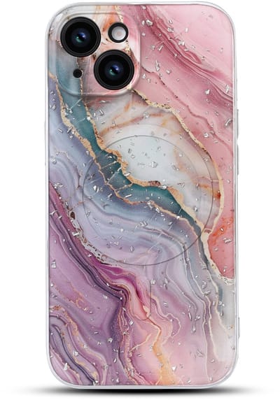Casemania Hoesje Geschikt voor Apple iPhone 15 - Roze - Marmer Glitter Back Cover met Camera Bescherming - Geschikt voor MagSafe