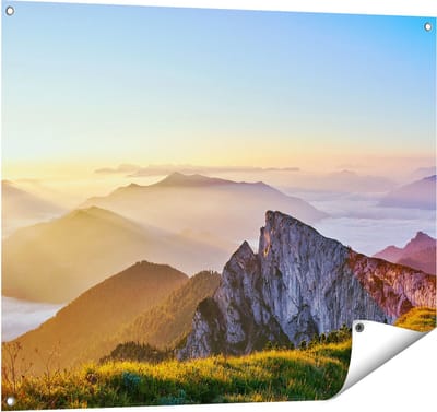 Gards Tuinposter Zonsopkomst in de Bergen in de Alpen - 100x80 cm - Tuindoek - Tuindecoratie - Wanddecoratie buiten - Tuinschilderij