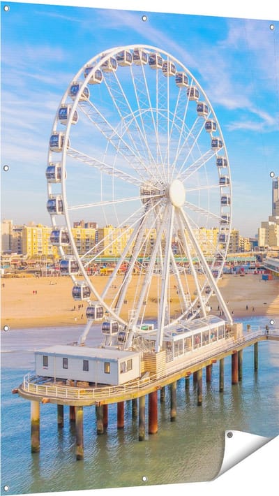 Gards Tuinposter Scheveningen Pier met de Ferris Wheel - Reuzenrad - 100x150 cm - Tuindoek - Tuindecoratie - Wanddecoratie buiten - Tuinschilderij