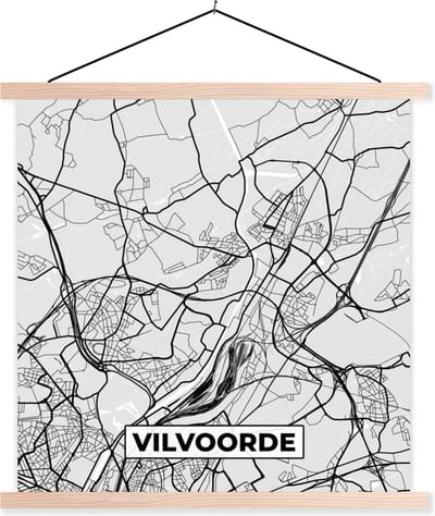 Posterhanger incl. Poster 40x40 cm - Schoolplaat - Zwart Wit – België – Plattegrond – Stadskaart – Kaart – Vilvoorde - Textielposter - Blanke latten - Stadskaart