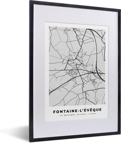 Fotolijst incl. Poster Zwart Wit- Stadskaart – Zwart Wit - Kaart – Fontaine l'Évêque – België – Plattegrond - 30x40 cm - Posterlijst
