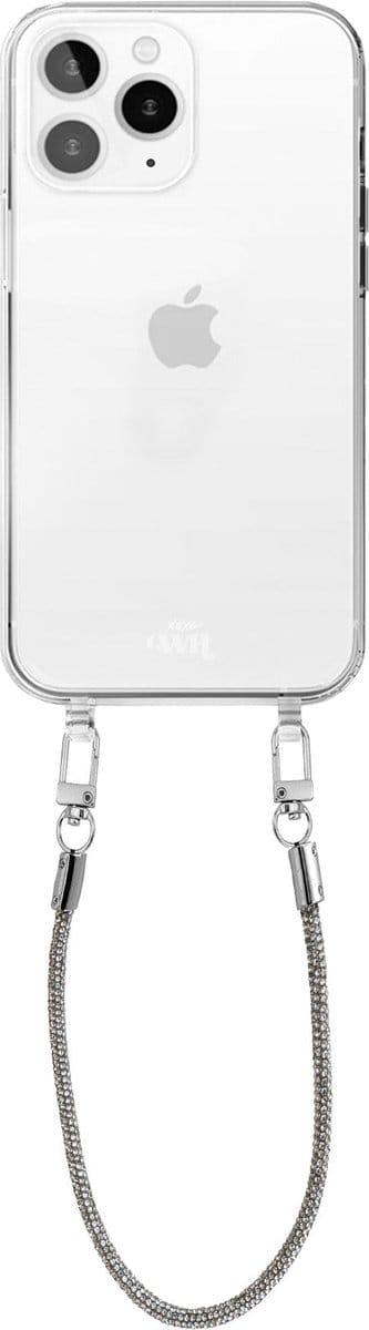 xoxo Wildhearts silicone case met koord - Transparant telefoonhoesje met koord - telefoonketting - Silver Diamonds - Cord Case - geschikt voor Apple iPhone 12 Pro Max hoesje - Diamanten ketting - diamant - steentjes - zilver