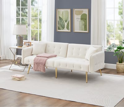 Slaapbank 2 Persoons - Verstelbare rugleuning - Gouden poten - Zetelbed - Vouwbed - 178x82x70 cm - Flueel - comfortabel - Wit
