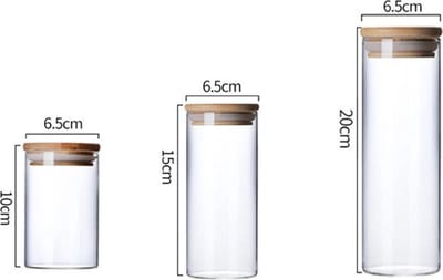 DW4Trading Glazen Voorraadpotten met Bamboe Deksel - 65x100,150,200 mm - Set van 3