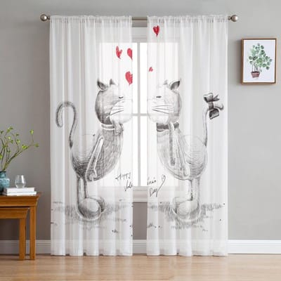Dier Kat Liefde Transparante Gordijnen Voor Woonkamer Tule Gordijn Voor Slaapkamer Keukenraam Voile Gordijnen 135W x 160H(cm)