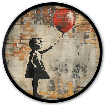 Poster in lijst Rond - Fotolijst 40x40 cm - Posters - Graffiti - Banksy Style - Meisje met ballon - Ronde posterlijst zwart - Decoratie - Wanddecoratie woonkamer - Muurdecoratie slaapkamer