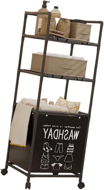 Wasmand op wielen - Opbergmand Kleding - Ruimte Organiseren - Verwijderbare Planken - 42 x 31 x 103 cm - Zwart