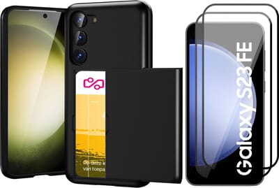 Hoesje met Pasjeshouder geschikt voor Samsung Galaxy S23 FE - 2x Screen Protector FullGuard - Back Cover SlideCase Zwart & Screenprotector