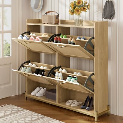 Elegante schoenenkast van hout met rieten deuren – 4 deuren - metalen frame en bovenste plank - met opbergruimte