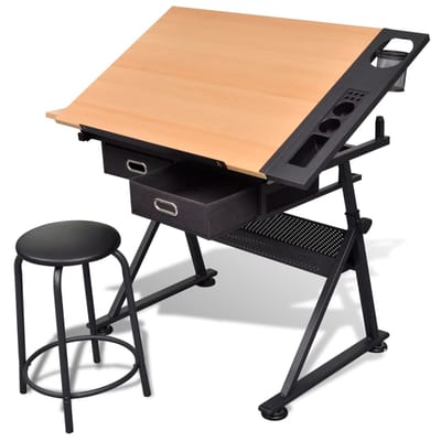 vidaXL - Tekentafel - met - 2 - lades - en - kruk