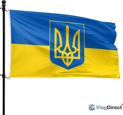 VlagDirect - Oekraïense vlag met wapen - Oekraïne vlag met wapen - 90 x 150 cm.