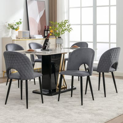 HAUSS SPOLE Eetkamerstoel Set Van 6 - Fluwelen Zitting Met Rugleuning - Metalen Onderstel Met Verstelbare Poten - Grijs - 47x44x84 Cm