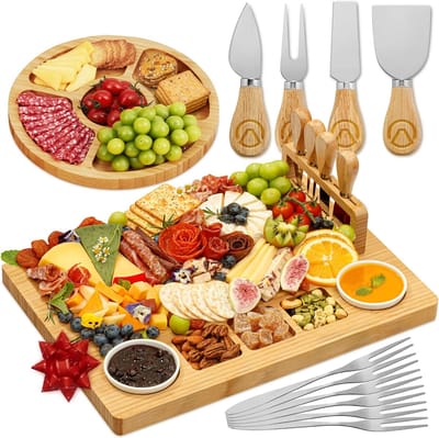 Famanu - Grote bamboe charcuterieplank met fruitschaal, 15-delige cadeauset – Natuur