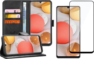 Hoesje geschikt voor Samsung Galaxy A42 - Screen Protector FullGuard - Book Case Kunstleer Pasjeshouder Zwart & Screenprotector