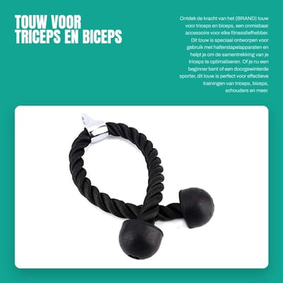 Dailygoods- Touw 70 cm - Tricepstouw - Spieraccessoires - Nylon - Zwart - Veilig en comfortabele grip - Fitness Touw