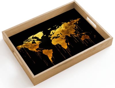 Dienblad hout 40x30 cm - Schootdienblad - Wereldkaart - Goud - Druipen - Zwart - Borrelplank rechthoek - Plateau dienbladen