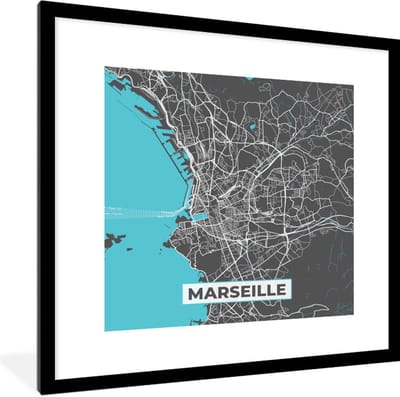 Fotolijst incl. Poster - Marseille - Frankrijk - Kaart - Plattegrond - Stadskaart - 40x40 cm - Posterlijst