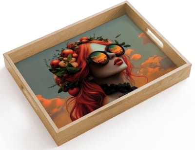 Dienblad hout 40x30 cm - Schootdienblad - Vrouw - Kroon - Tomaat - Bascilicum - Zonnebril - Borrelplank rechthoek - Plateau dienbladen