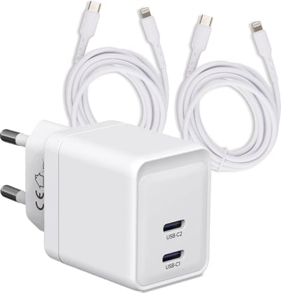 Fast Charger geschikt voor iPhone 7 8 SE X XS XR 11 12 13 14 - 2x usb C naar Lightning Kabel 1 Meter - Usb C Adapter 35w GaN - Usb C Snellader