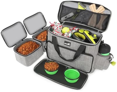Honden Reisbagage Groot met Multi-Functionele Pocket, Draagtas voor Buitengebruik, Set met 2 Voedselzakken + Opvouwbare Schalen