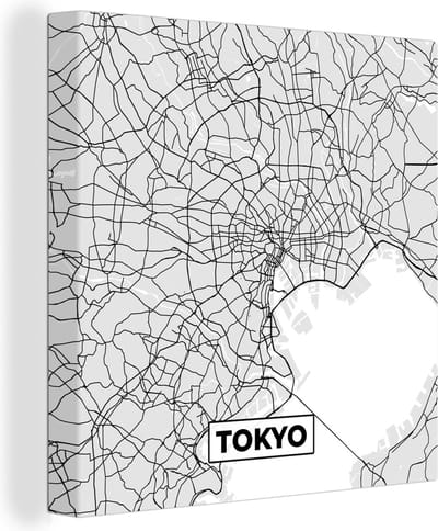 Canvas Schilderij Tokyo - Stadskaart - Zwart Wit - Plattegrond - Kaart - 20x20 cm - Wanddecoratie