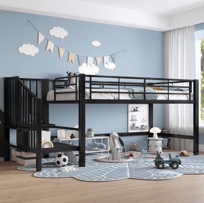 MEUNIQ Halfhoogslaper 90 x 200 cm met geïntegreerde opbergtrede, metalen bedframe, lattenbodem en ruimte onder het bed voor kinderkamer, zwart