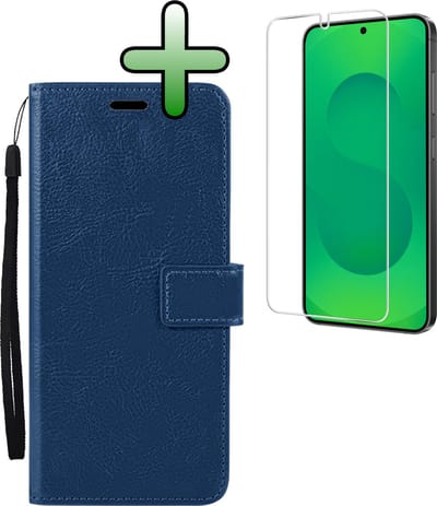 Hoesje Met Screenprotector - Geschikt voor Samsung Galaxy S25 - Luxe Pasjeshouder - Bookcase Portemonee - Flip Case - Kunstleer Book Case - Flipcase - Book Cover - Walletcase - Portemonneehoes - Donkerblauw