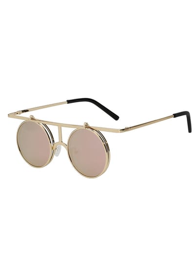 KIMU® Ronde Zonnebril Steampunk Flip Up - Goud Montuur Rond - Rosé Spiegelglazen - Roségoud Gouden Lichtroze Roze Vintage Retro Opklapbaar Festival