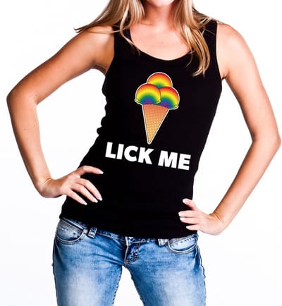 Lick me gaypride - tanktop - mouwloos shirt - zwart - voor dames - regenboog S