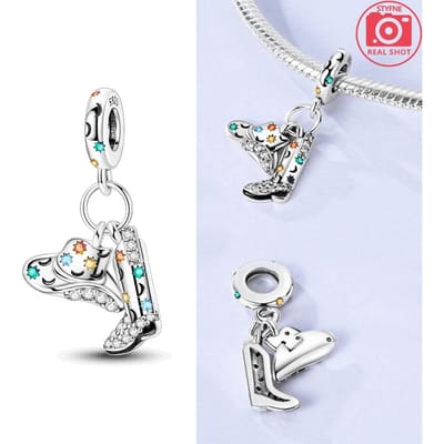 Charme Plata Bottes de Cowboy Western et Chapeau Pendentif S'adapte au Bracelet Charm Authentique Pour Femmes Bijoux Bricolage Artisanat Cadeau blanc