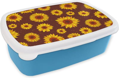 Broodtrommel Blauw - Lunchbox - Brooddoos - Zonnebloem - Bohemian - Flora - Patroon - 18x12x6 cm - Kinderen - Jongen