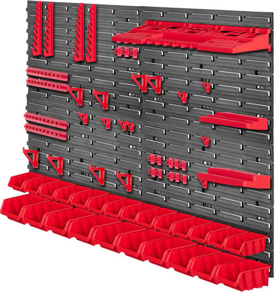 KADAX Werkplaatswandrek, 116 x 78 cm, opslagsysteem van robuust kunststof, uv-bestendig werkplaatsrek, uitbreidbare wandplaten, opbergrek voor garage, rood, 67-delig