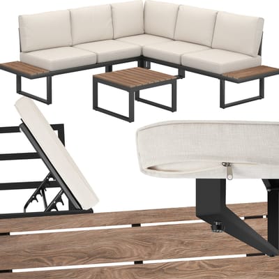 tectake® Tuinset Eliar - 4-Delige Loungeset - 5 Personen - Weerbestendige Hoekbank - Aluminium Frame - Houtlook Zijtafeltjes - Tuinbank -Tuintafel - Verstelbare Rugleuning - Ligbed - Tuinmeubelset met Kussens - Ideaal voor tuin, balkon en terras