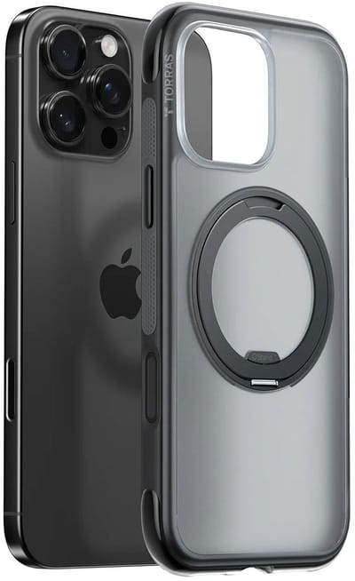 TORRAS Hoesje Geschikt voor Apple iPhone 16 Pro - Ostand O3 Air Spin - Compatibel met MagSafe / Qi2 - Back Cover met Magneet - 360° Draaibare Ring Standaard - Zwart