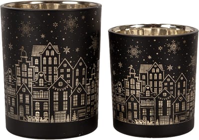 Clayre & Eef Theelichthouder Set van 2 Ø 9x10 / Ø 10x12 cm Zwart Glas Huizen