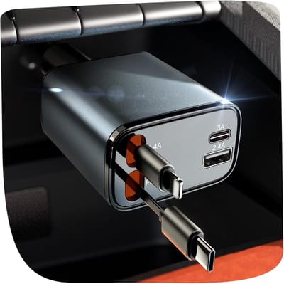 Sounix Autolader USB C & USB A - Snellader 69w - 4-in-1 Intrekbare Autolader - Auto-adapter USB-C snellader - Auto-accessoire - Grijs