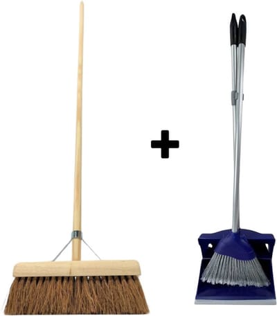 Synx Tools Coco bezem 30cm en Stoffer en Blik met lange steel 95 cm- Bezemset - Cocosharen - Zaalveger - stoffer - Kunststof - Hotel Stoffer Blik set - Stoffer en blik sluitend model - Schoonmaakartikelen