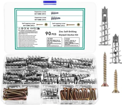 Dailygoods - 90 stuks M4 zelfborende gipsplaatbevestigingen Heavy Duty, metalen gipsplaat muurpluggen en schroeven bevestigingen, gipsplaten holle holte muurbevestigingen ankers ruwe pluggen met schroeven en