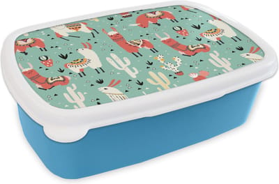 Broodtrommel Blauw - Lunchbox - Brooddoos - Lama - Patronen - Cactus - 18x12x6 cm - Kinderen - Jongen