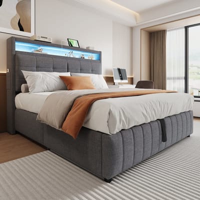 VVBV Gestoffeerd Opbergbed 160x200 cm - LED-Verlichting, Hydraulische Opbergruimte en USB & Stopcontact - Linnen Grijs