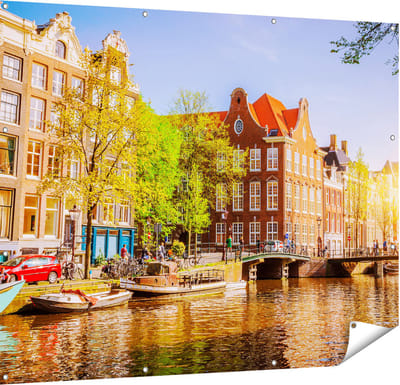 Gards Tuinposter Amsterdamse Gracht tijdens Zonsondergang - 150x120 cm - Tuindoek - Tuindecoratie - Wanddecoratie buiten - Tuinschilderij